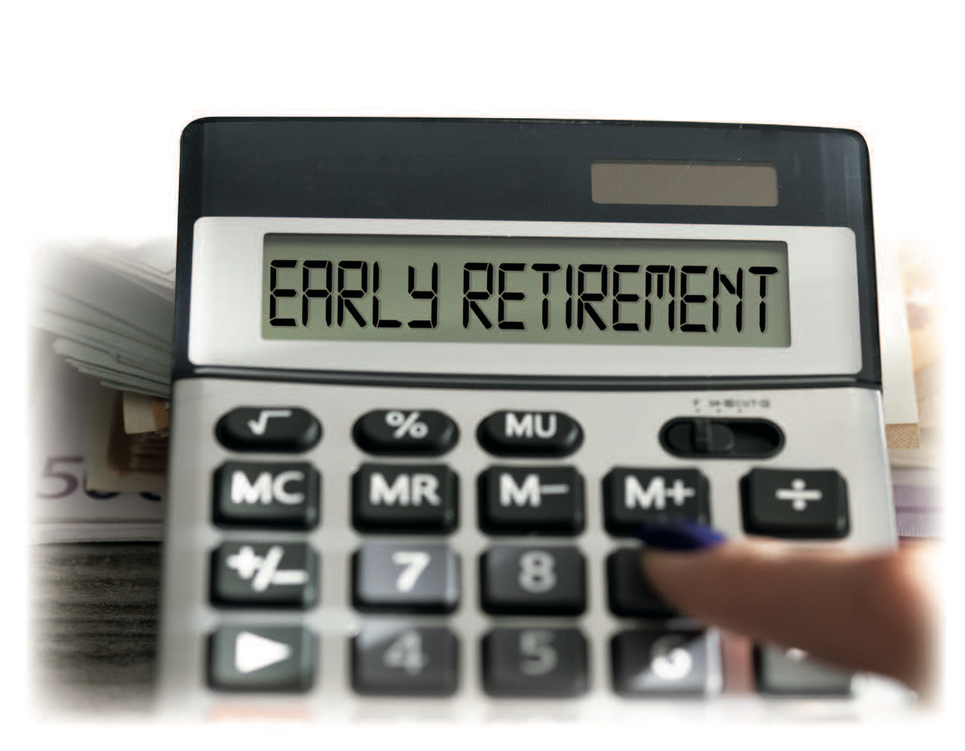 Calculator displaying 'EARLY RETIREMENT' text.