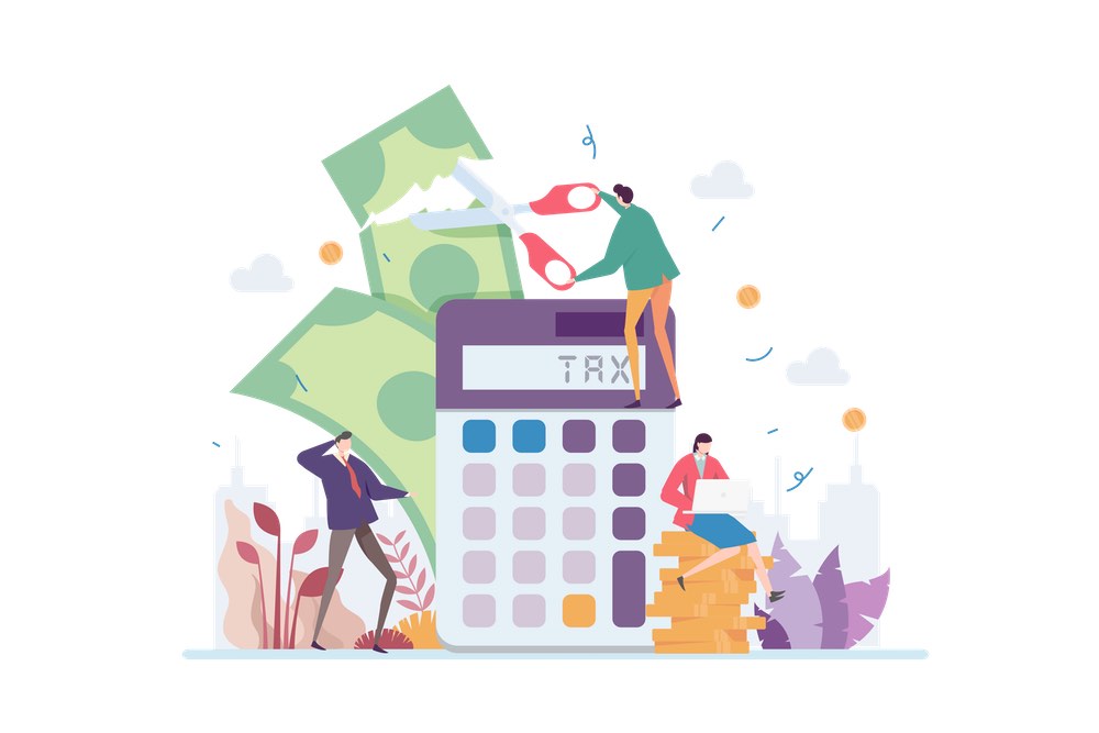 People calculating taxes with money visuals.