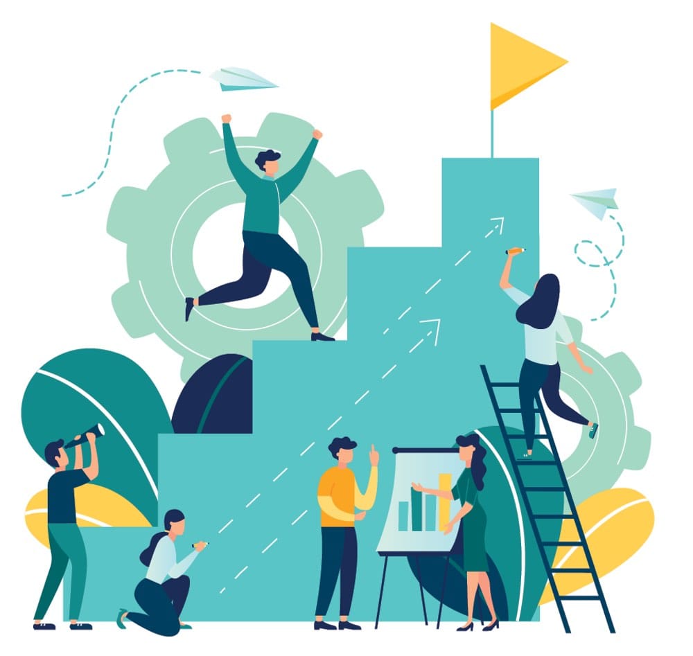 People climbing stairs towards success