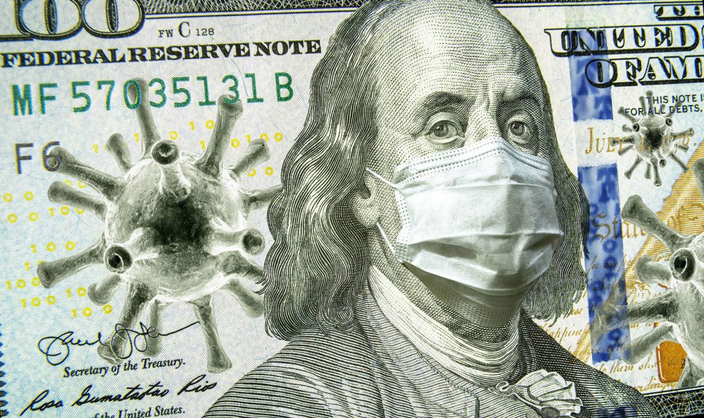 Dollar bill with virus illustration overlay.