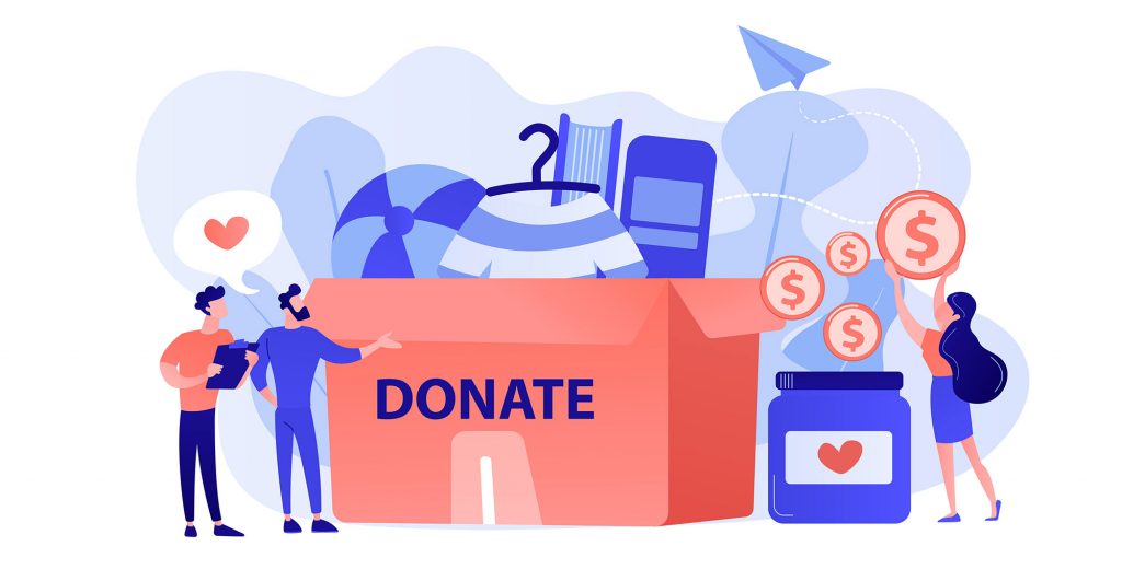 People donating items and money