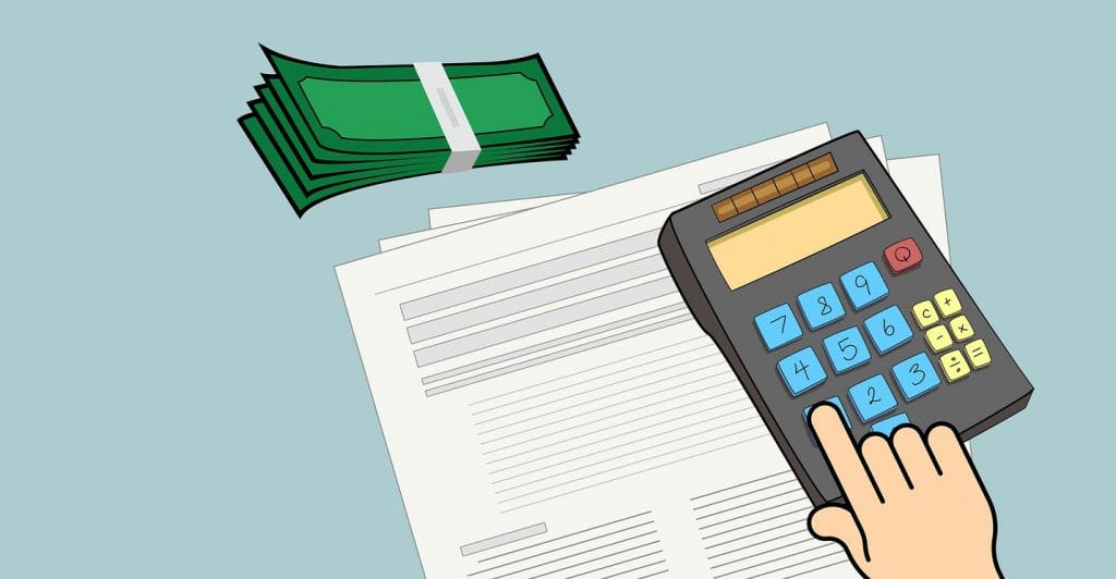 Calculator, money, financial documents.