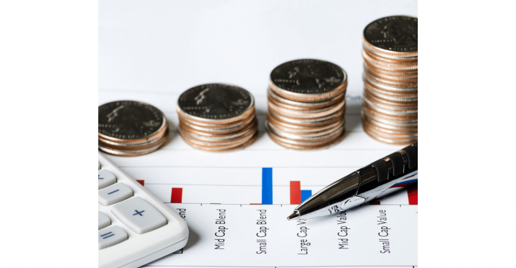 Calculator, coins, investment chart