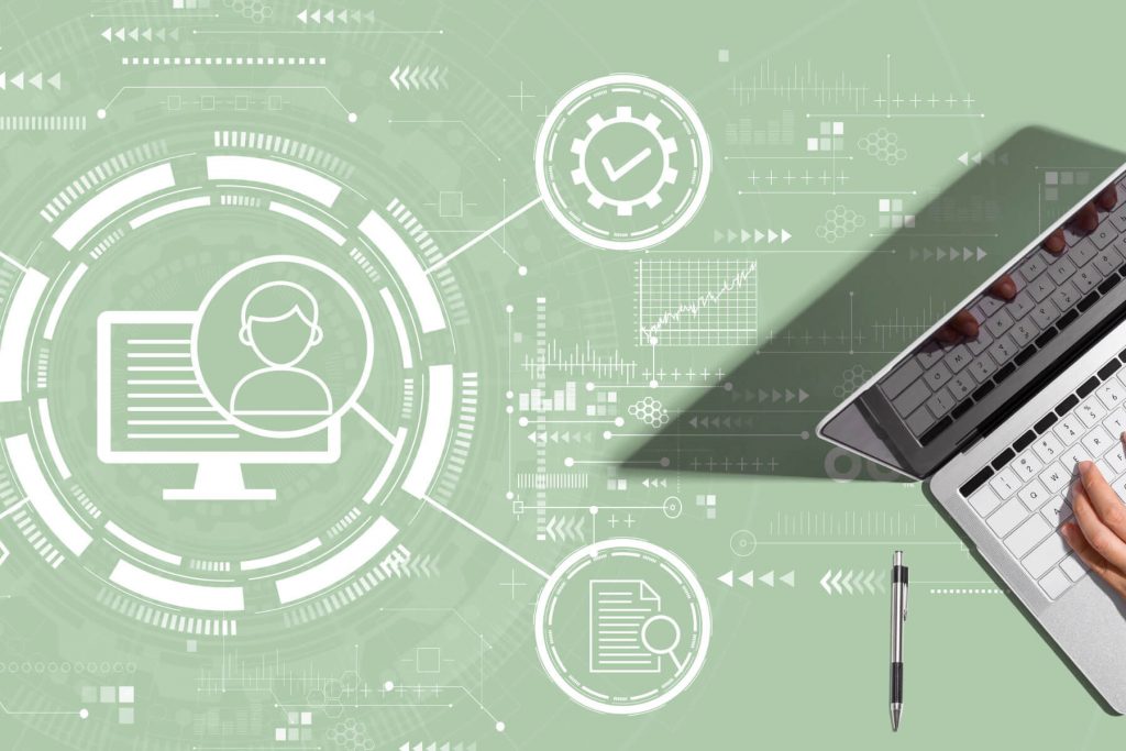 Digital workspace with data visualization elements.