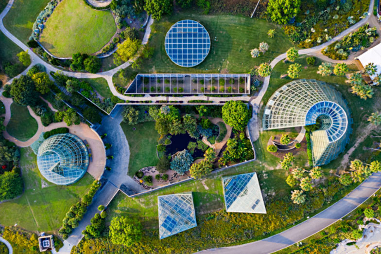 Aerial view of a botanical garden.