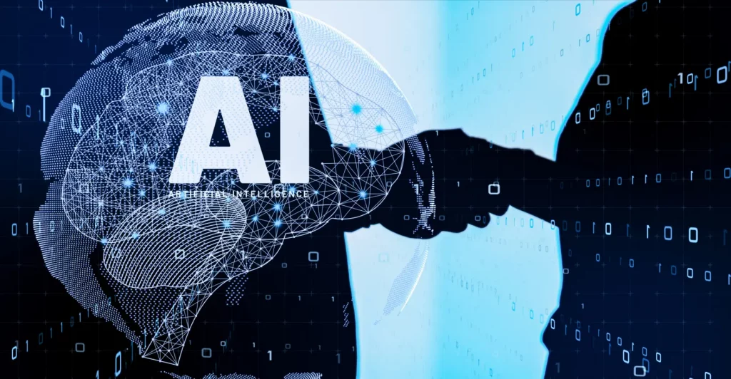 AI handshake with digital background