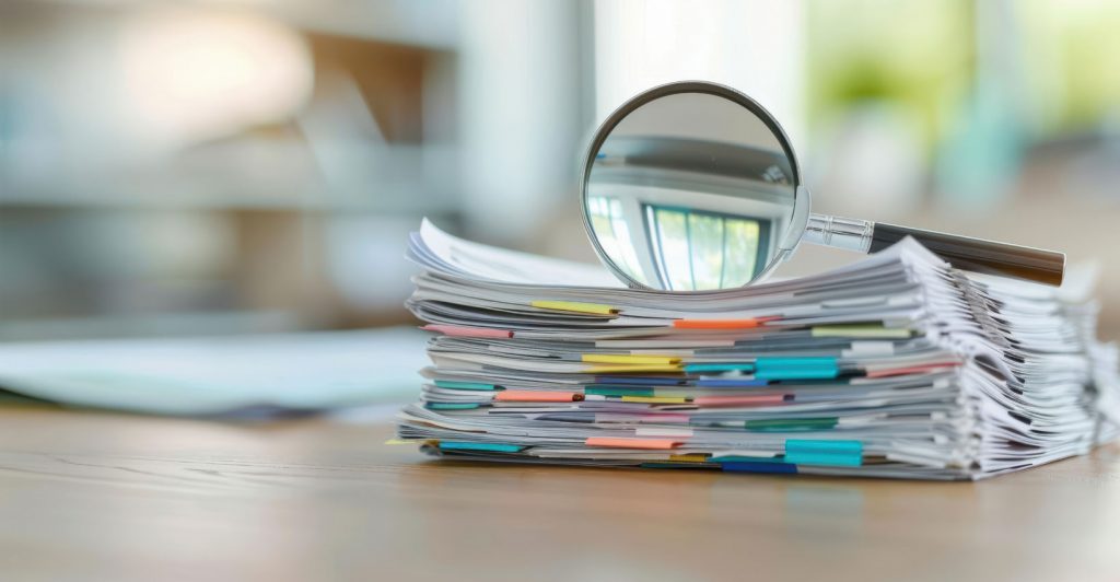 Stack of papers with magnifying glass