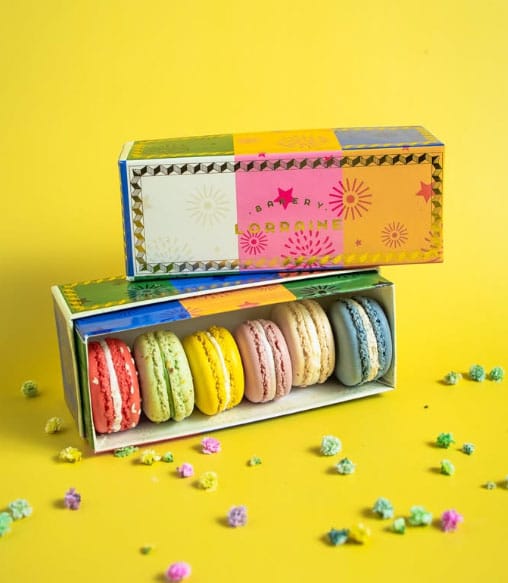 Colorful macarons in decorative box