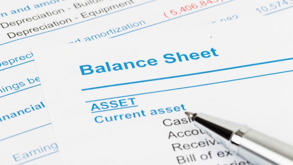 Financial document with balance sheet details